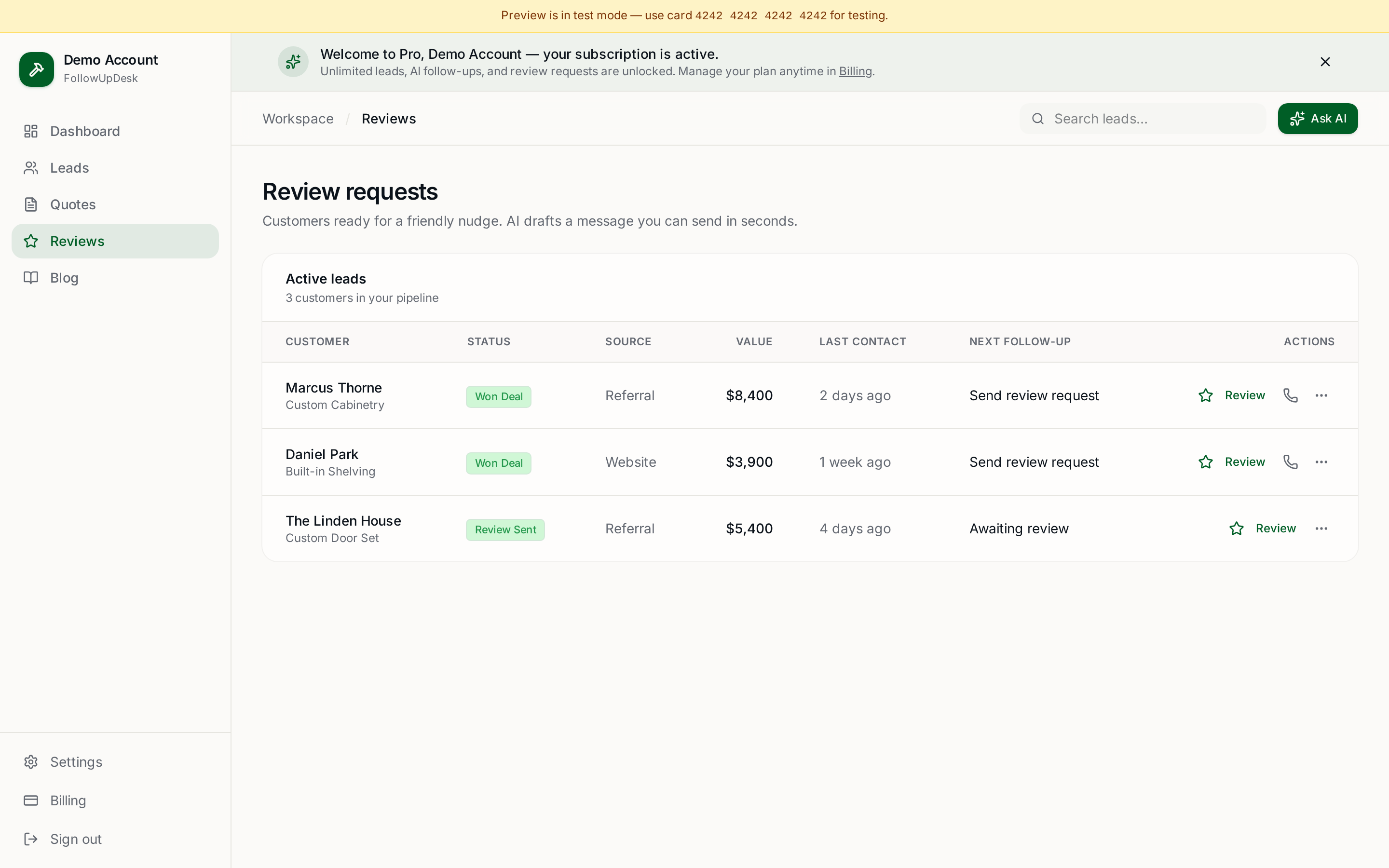 FollowUpDesk Reviews for plumbers