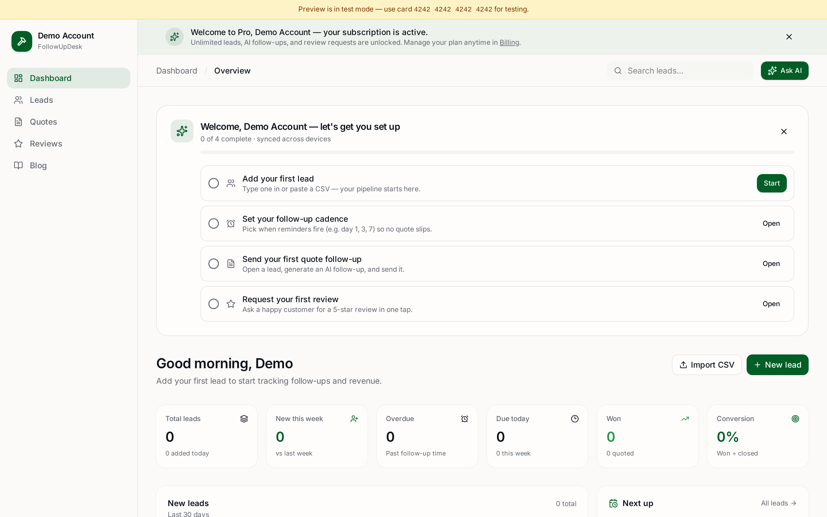 FollowUpDesk Dashboard for plumbers